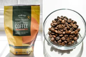 A diptych showing the Thrive market blonde roast coffee in the bag, and also a close up of the beans.