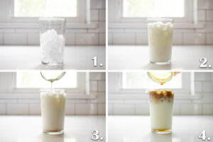 A photo collage showing the steps to assembling the iced vanilla latte.