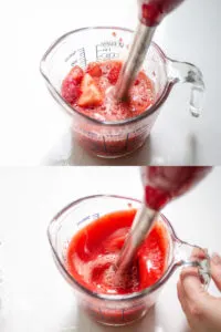 A diptych demonstrating pureeing strawberries with a hand held blender.