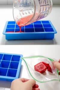 Pouring the strawberry puree into ice cube trays, and putting the frozen cubes into a baggie.