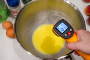 Measuring the temperature of the butter and milk.