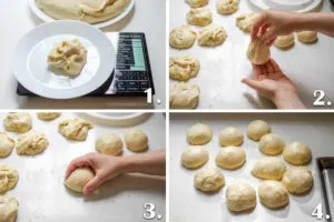 A photo collage showing the first four steps of forming sourdough hotdog buns.