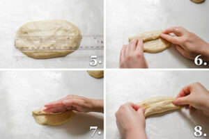 A photo collage showing steps 5-8 of forming sourdough hotdog buns.