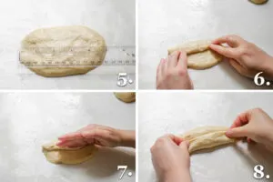 A photo collage showing steps 5-8 of forming sourdough hotdog buns.