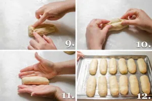 A photo collage showing the final steps of forming sourdough hotdog buns.