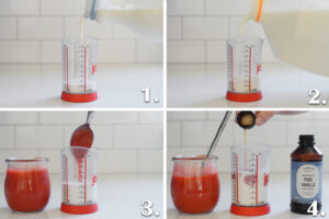 A photo collage showing how to make strawberry cold foam.