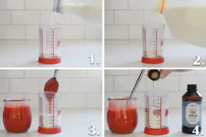 A photo collage showing how to make strawberry cold foam.