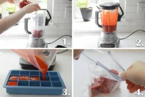 A photo collage showing how to make strawberry puree.