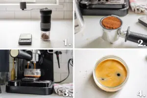 A photo collage showing the processing of pulling a shot of espresso.