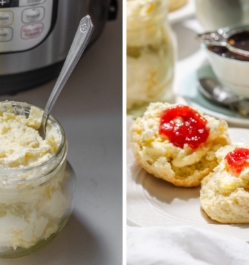 A diptych showing Instant Pot clotted cream in a jar, and on scones.