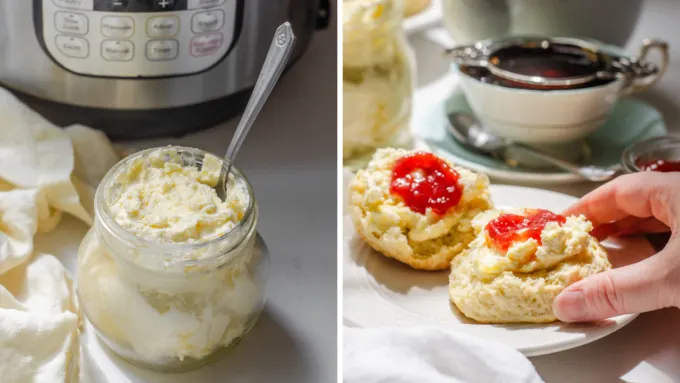 A diptych showing Instant Pot clotted cream in a jar, and on scones.