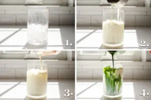 A photo collage showing the steps to making an iced matcha latte.