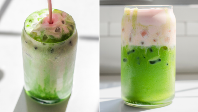A diptych showing pouring strawberry cold foam on top of an iced matcha latte, and the finished drink.