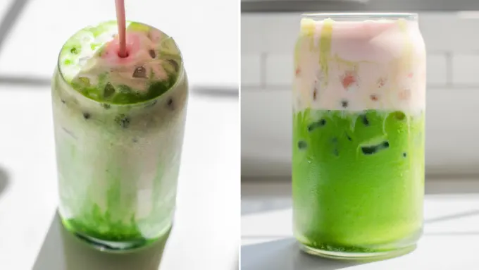 A diptych showing pouring strawberry cold foam on top of an iced matcha latte, and the finished drink.