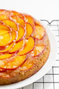 A peach olive oil cake on a serving plate on a wire cooling rack.
