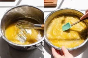 Making the sugar layer for the bottom of the cake pan.