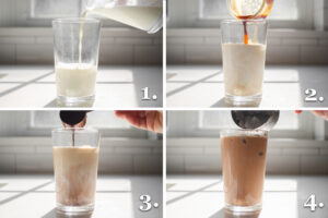 A photo collage showing how to assemble a mocha iced coffee.