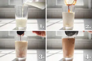 A photo collage showing how to assemble a mocha iced coffee.