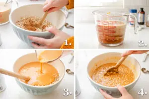 A photo collage showing the step for mixing the batter for pumpkin pie baked oatmeal.