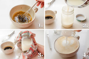 A photo collage showing the steps for making an easy latte at home.