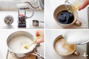 A photo collage demonstrating the steps needed to make a latte with a French press.
