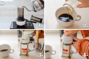 A 4 photo collage showing step by step how to make a latte without a machine.