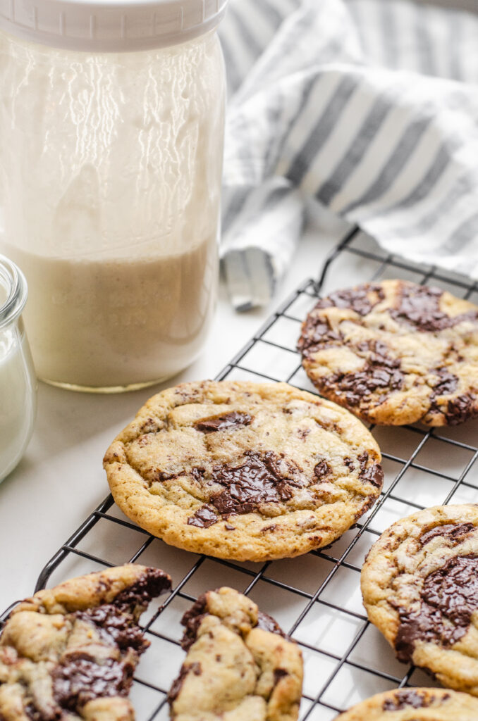 A broken sourdough chocolate chip cookie on a wire cooling rack with other cookies around it and a glass of milk off to the side and a jar of sourdough discard.