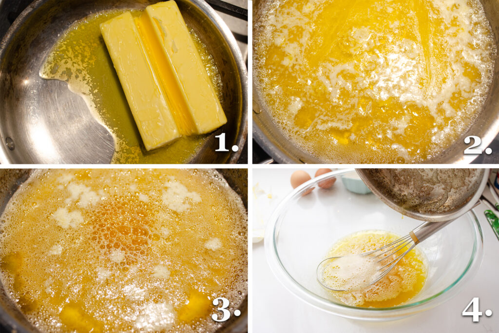 A photo collage showing the process of browning butter.