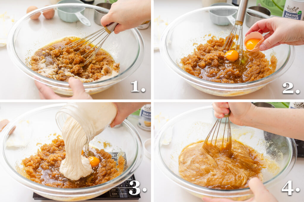 A photo collage showing the steps to mixing together the "wet" ingredients.