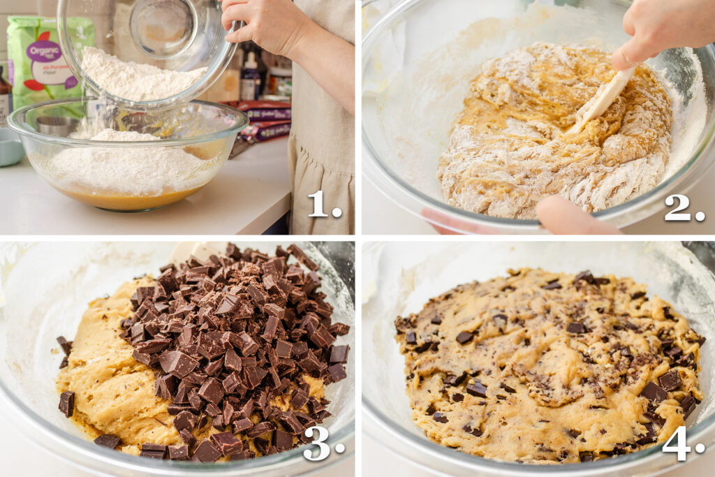 A photo collage showing the steps to mixing together the wet and dry ingredients and adding the chopped chocolate.