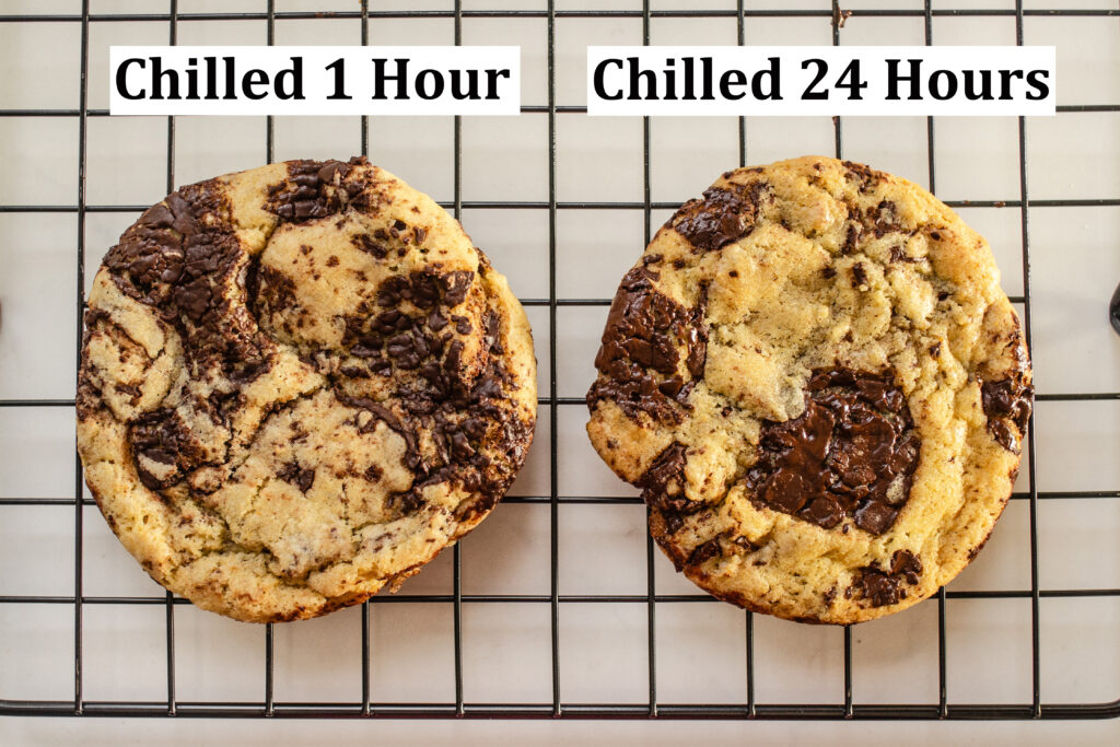 A side-by-side comparison of a 1 hour chilled cookie vs a 24 hour chilled cookie.