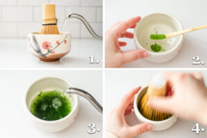 A photo collage showing the steps to preparing matcha.