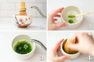 A photo collage showing the steps to preparing matcha.