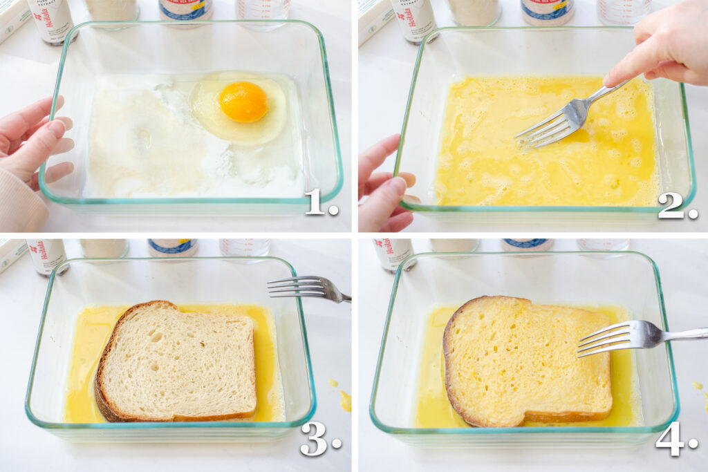 A photo collage showing whisking the custard and soaking the bread.
