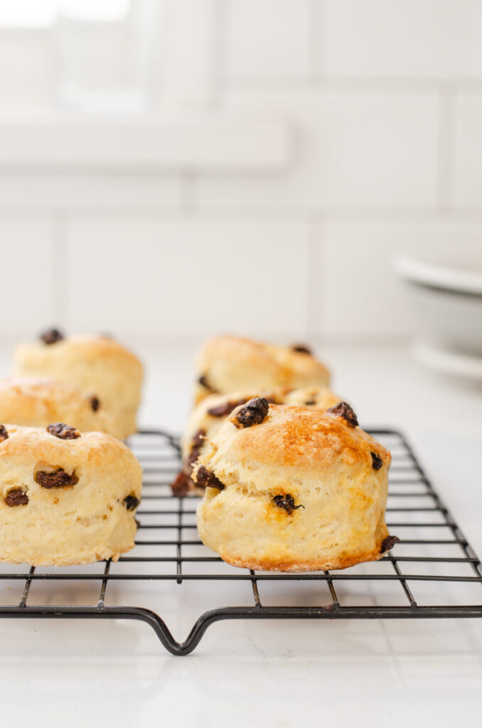 Irish Buttermilk Scones on a black wire cooling rack.