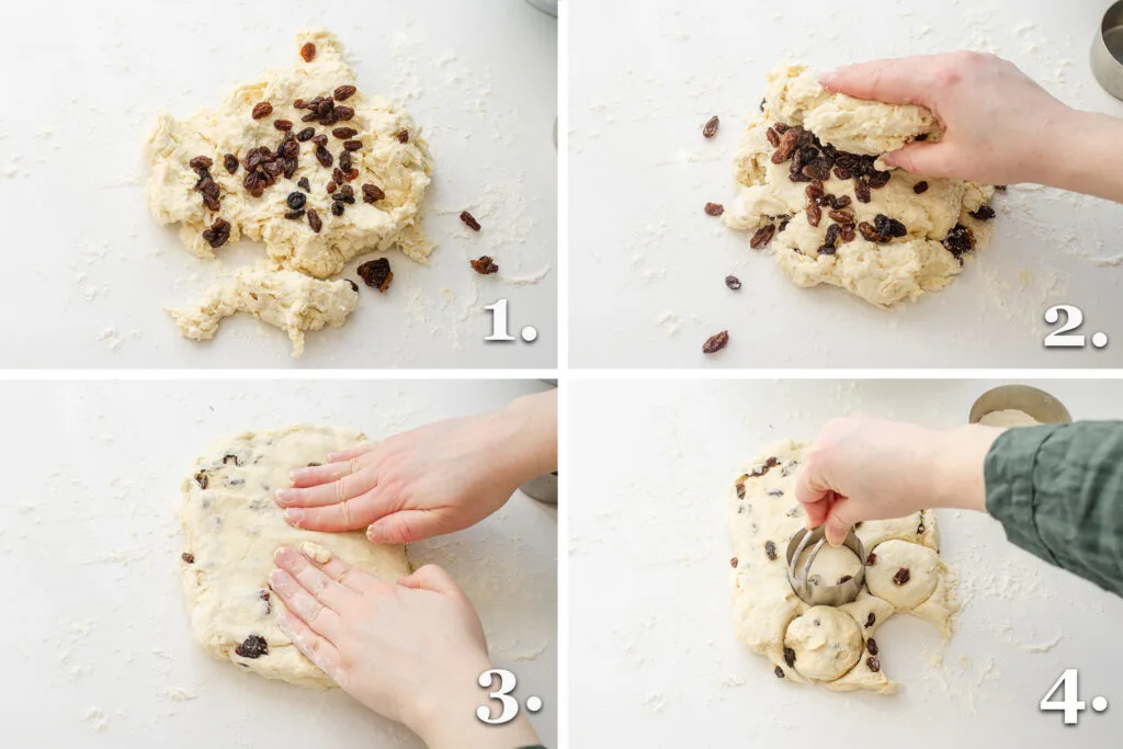 A photo collage showing kneading the dough and adding the raisins.