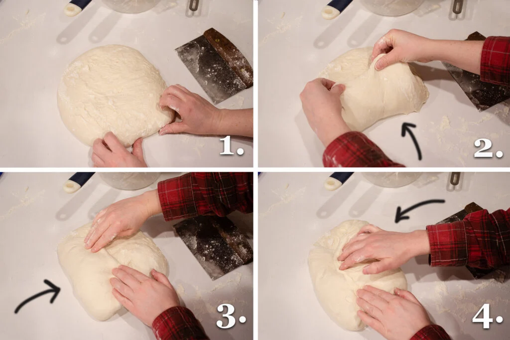 A photo collage showing how to form a sourdough batard loaf.