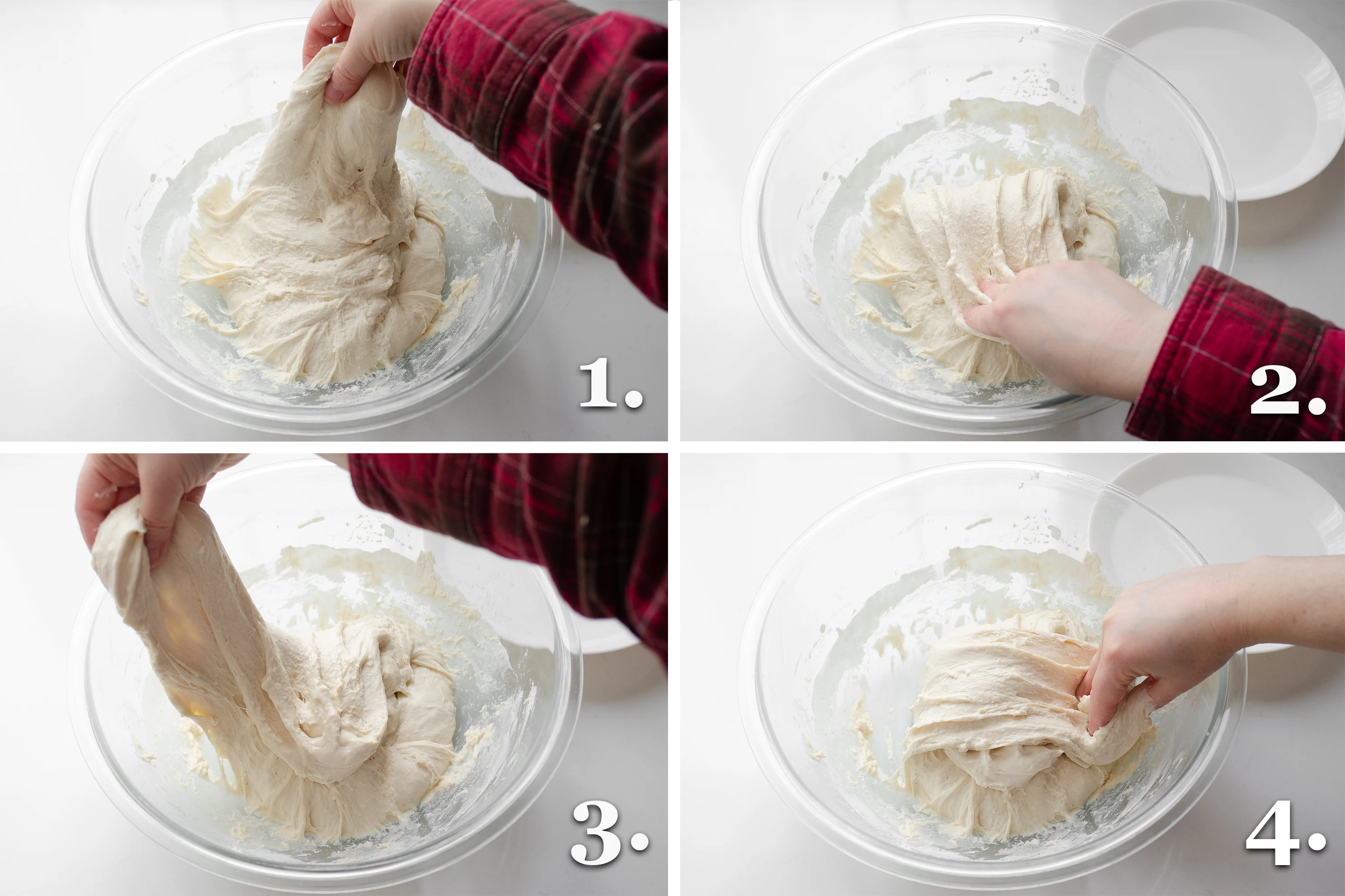 A photo collage showing how to perform a stretch and fold sequence when making sourdough bread.