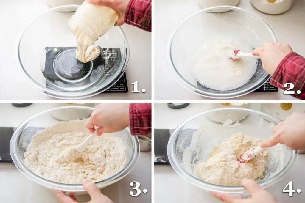 A 4 photo collage showing the steps to doing a fermentolyse.