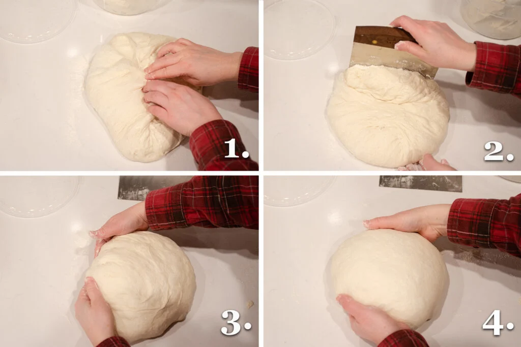 A photo collage showing how to preshape the dough when making sourdough bread.