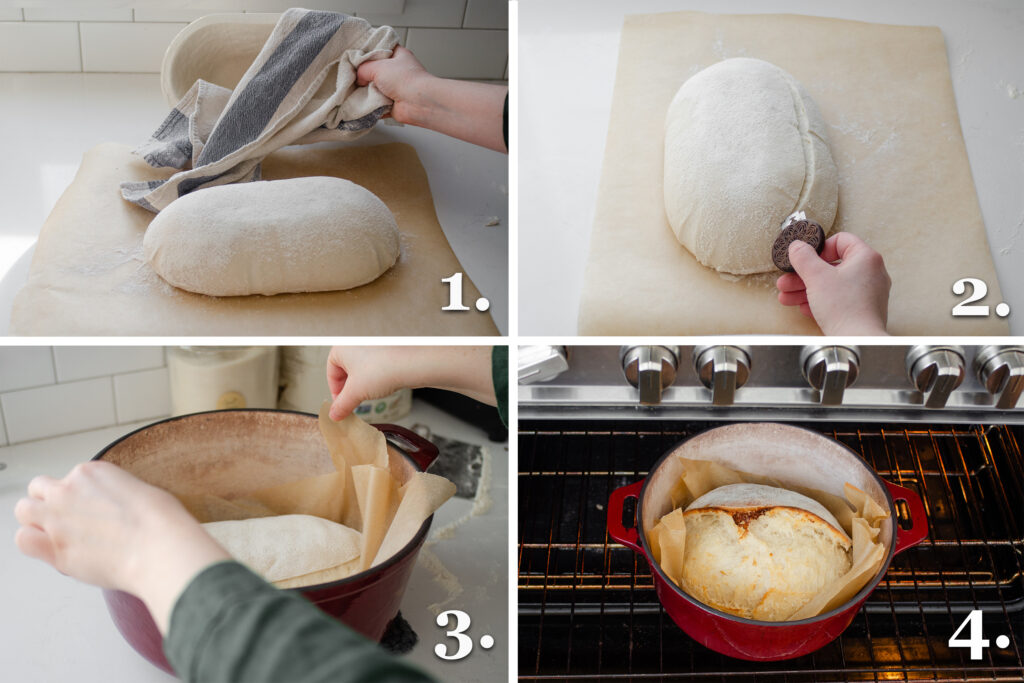 A photo collage showing scoring a loaf of artisan sourdough bread, putting it in the Dutch oven, and the Dutch oven in a regular oven.