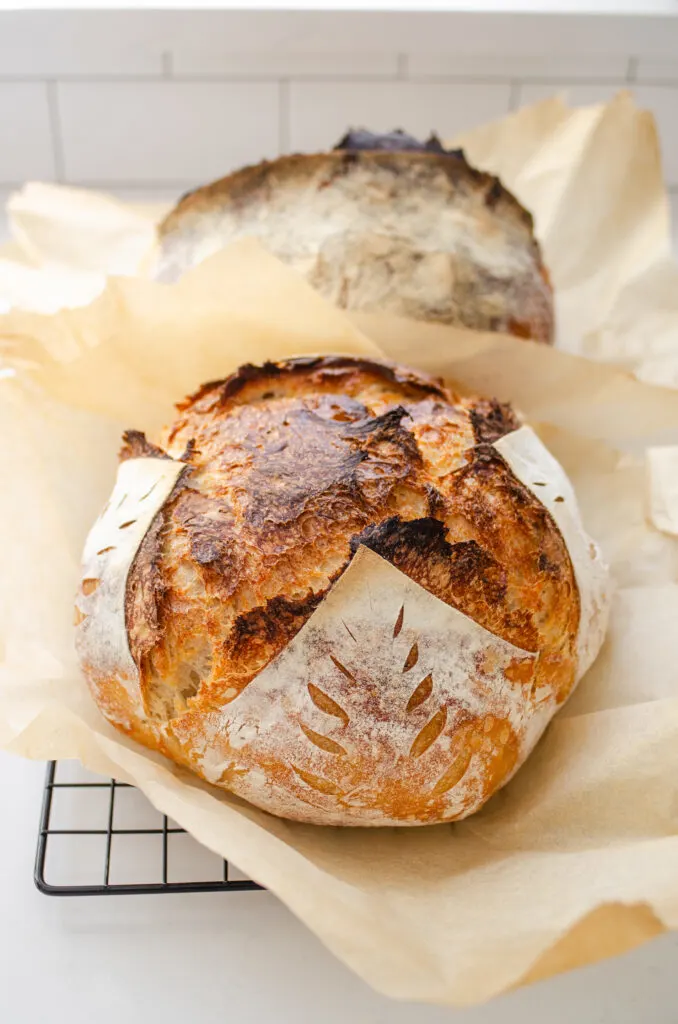 A sourdough boule on a piece of parchment paper on a wire cooling rack with a sourdough batard in the background.