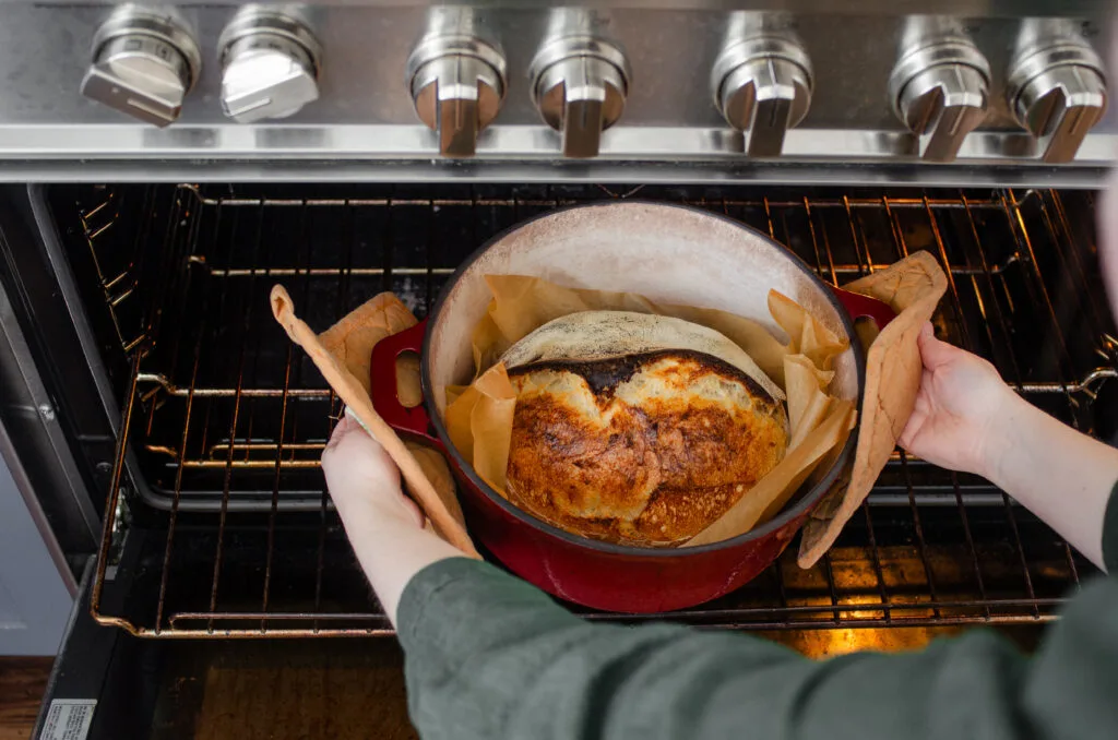 Hands holding a Dutch oven with a baked loaf of sourdough bread inside.