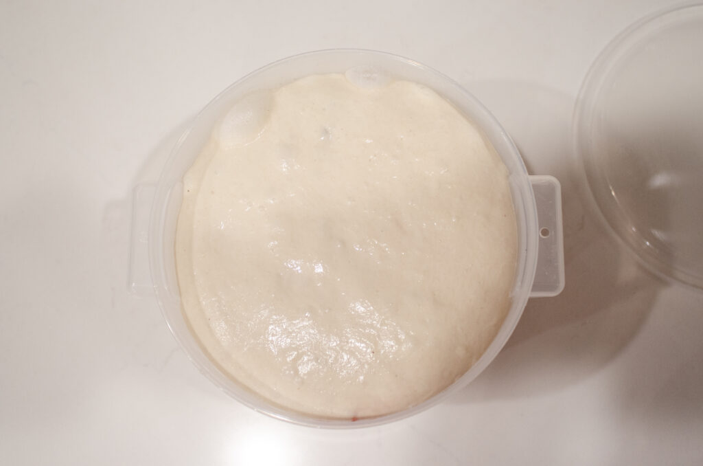 A top down view of the sourdough bread dough showing the bubbles around the edges.