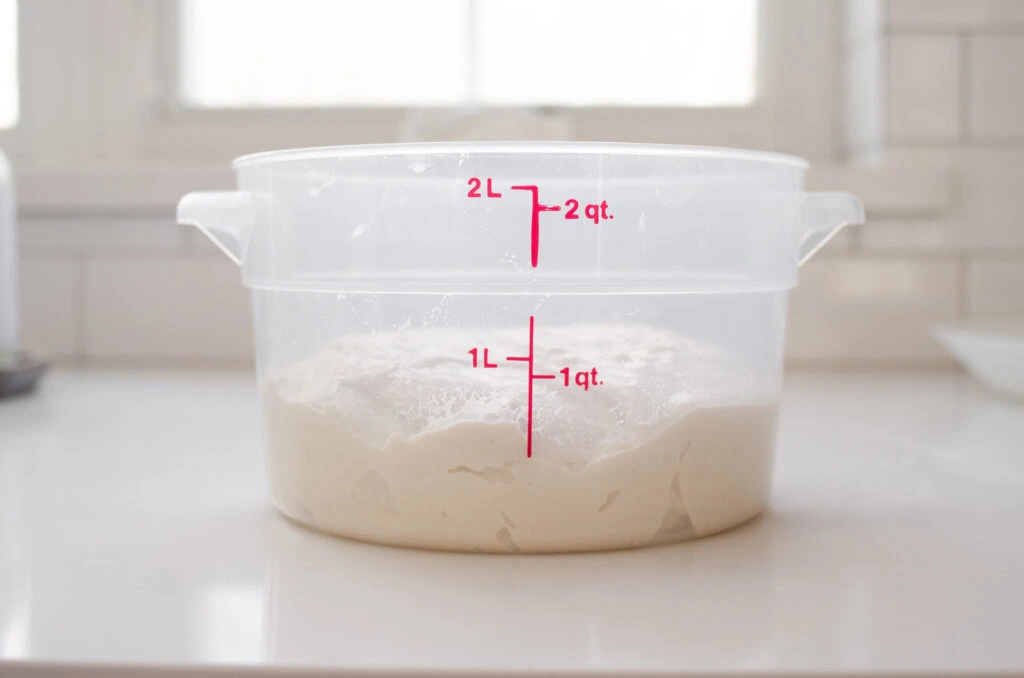 The dough in a fermenting container.