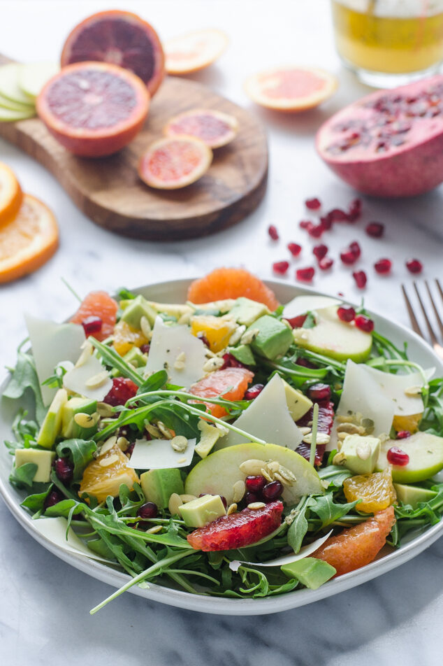 Winter Salad with Arugula, Avocado, Pomegranate, Blood Orange, and Apple