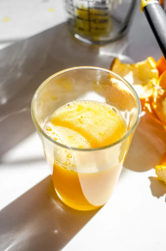 Blender orange juice in a glass on a sunny countertop.