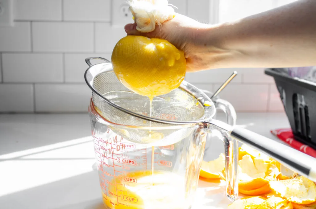 Squeeze orange juice through cheesecloth.