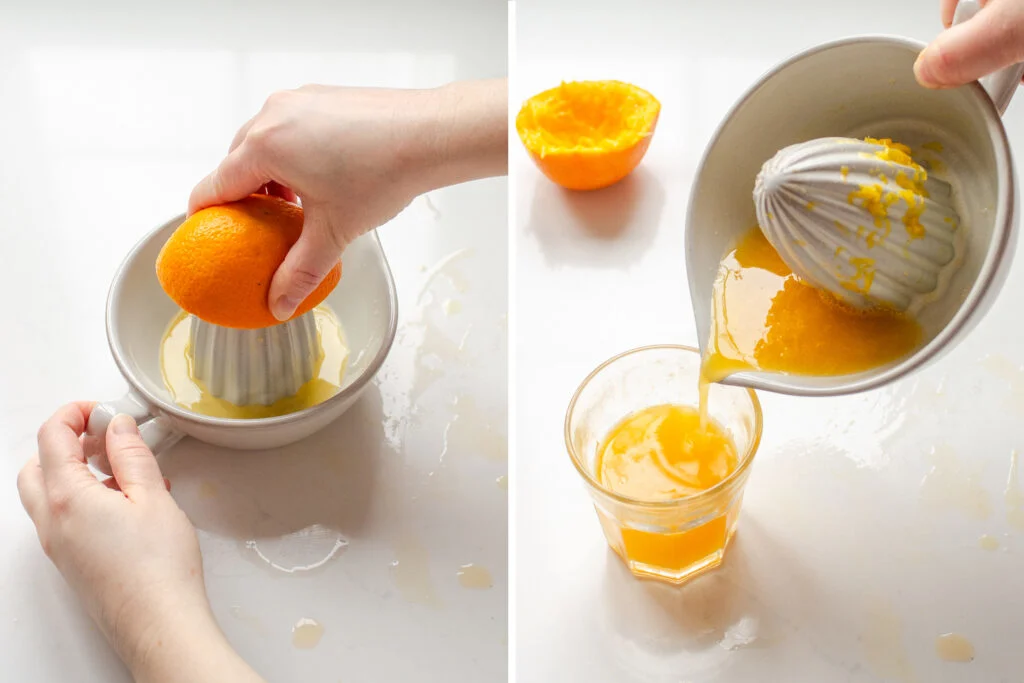 A diptych showing juicing and orange using a citrus juicer, and then pouring the juice into a glass.