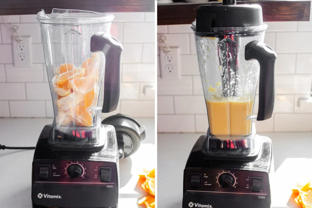 A diptych showing oranges in a blender pitcher, and after being blended.